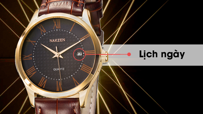 Nakzen SL4043GREBN-6N0 có thiết kế hoài cổ với vỏ đồng hồ màu vàng cùng dây da nâu