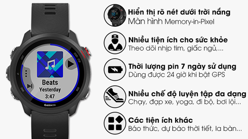 Đồng hồ thông minh Garmin Forerunner 245 Music dây silicone đen