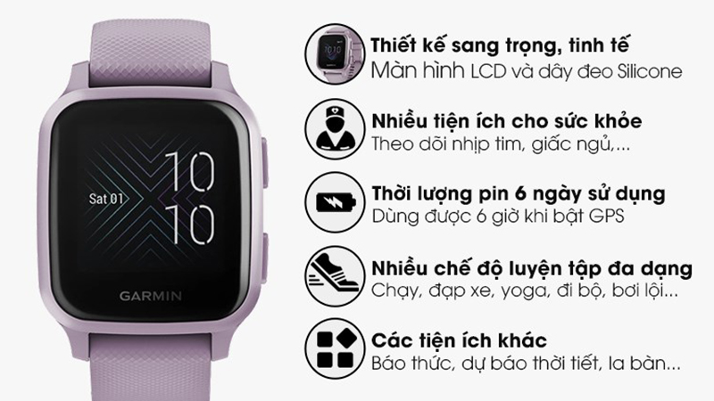 Garmin Venu SQ dây silicone tím có màn hình LCD sống động, rất tinh tế và nhẹ nhàng với sắc tím