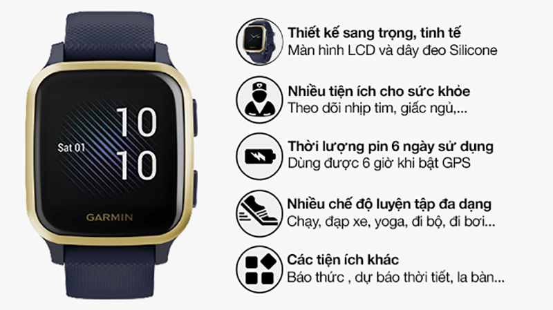 Garmin Venu SQ Music xanh dương được trang bị màn hình 1.3 inch khá rộng, cho hình ảnh rõ nét