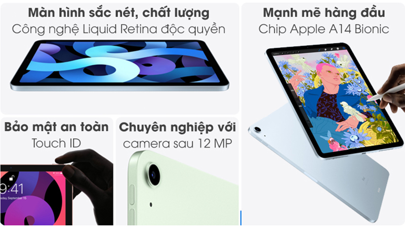 iPad Air 2020 sử dụng công nghệ Liquid Retina, có độ phân giải 1640 x 2360 Pixels