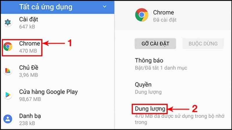 Chọn ứng dụng muốn xóa rồi chọn Dung lượng