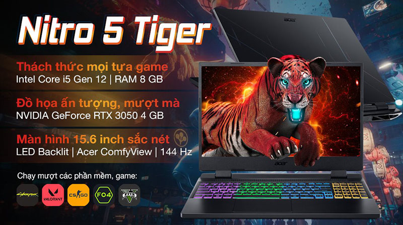 Acer Nitro 5 Tiger AN515 i5 12500H sở hữu thiết kế đậm chất gaming cùng hiệu năng mạnh mẽ