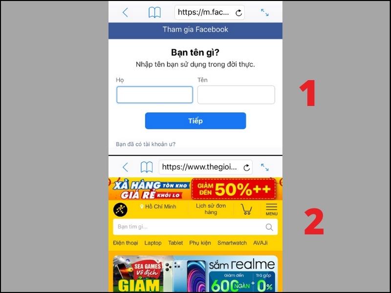  2 nửa màn hình riêng biệt với 2 trình duyệt