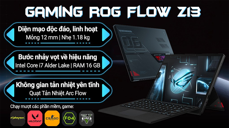 Asus Gaming ROG Flow Z13 GZ301Z i7 12700H có kiểu dáng gọn nhẹ