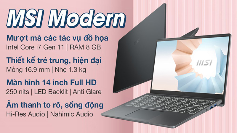 MSI Modern 14 B11MOU i7 có thiết kế trẻ trung, thời trang