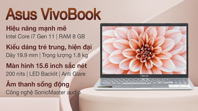 Asus VivoBook X515EA i7 là chiếc laptop có vẻ ngoài trẻ trung, hiện đại 