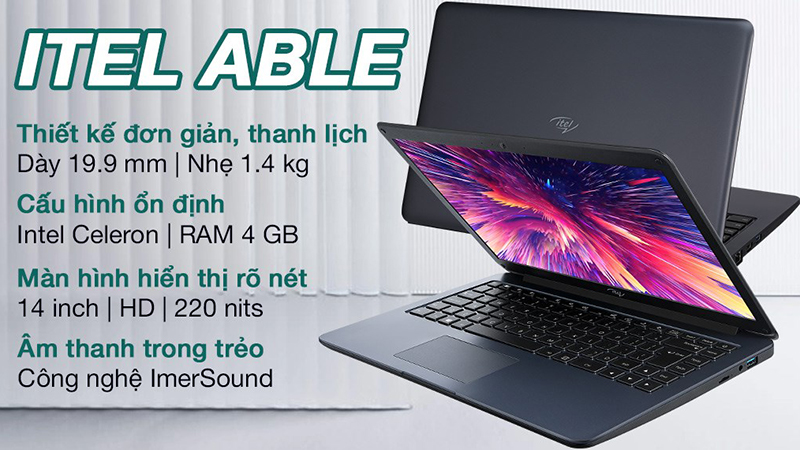Laptop Itel ABLE 1S có lớp vỏ nhựa màu đen thanh lịch, thiết kế đơn giản