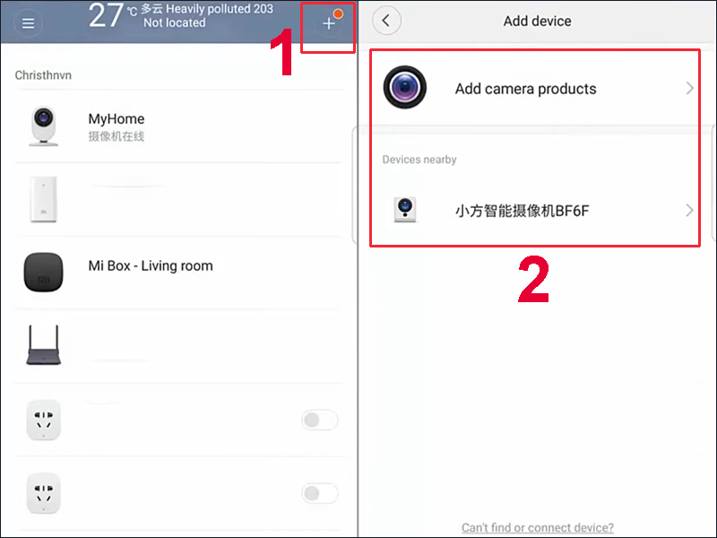 Mở ứng dụng Mi Home và thêm camera cần kết nối