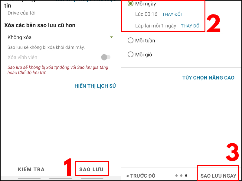 Bạn chọn Sao lưu > Thời gian sao lưu mong muốn > Sao lưu ngay