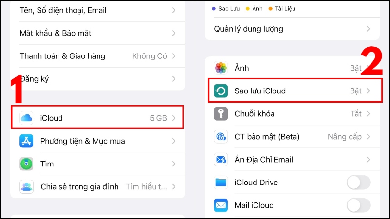 Bạn vào iCloud > Chọn mục Sao lưu iCloud