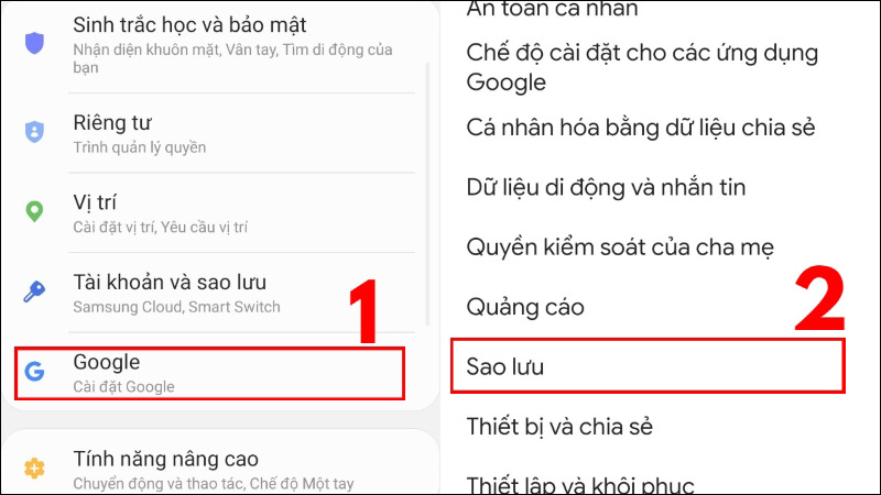 Vào Cài đặt > Google > Sao lưu