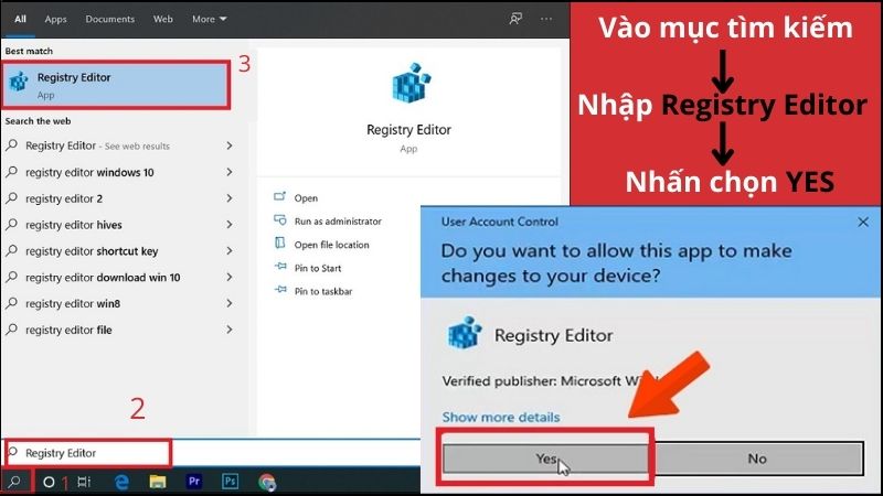 Nhập Registry Editor vào mục tìm kiếm