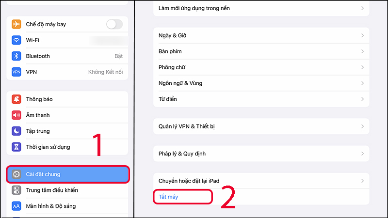 Tắt nguồn iPad trong phần Cài đặt, sau đó khởi động lại