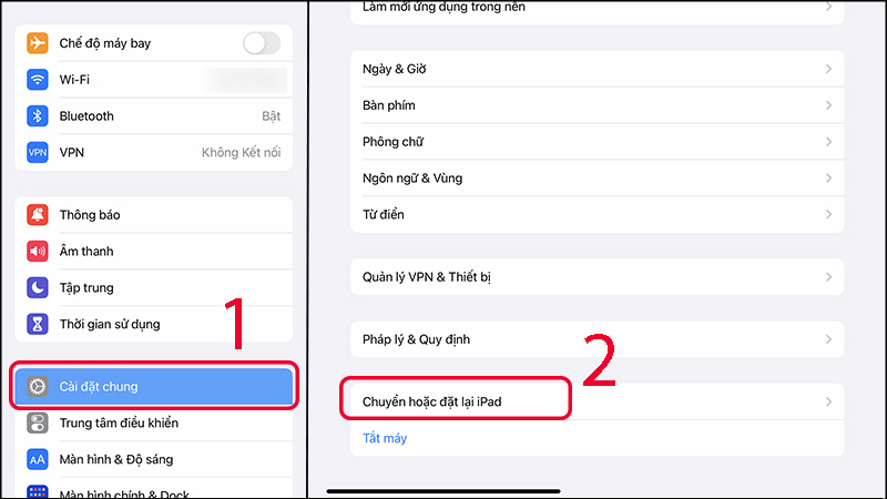 Chọn mục Chuyển hoặc đặt lại iPad