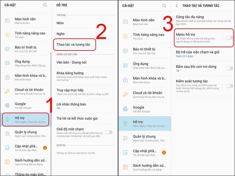 Chọn Hỗ trợ, chọn Thao tác và tương tác. Trượt để bật Menu hỗ trợ