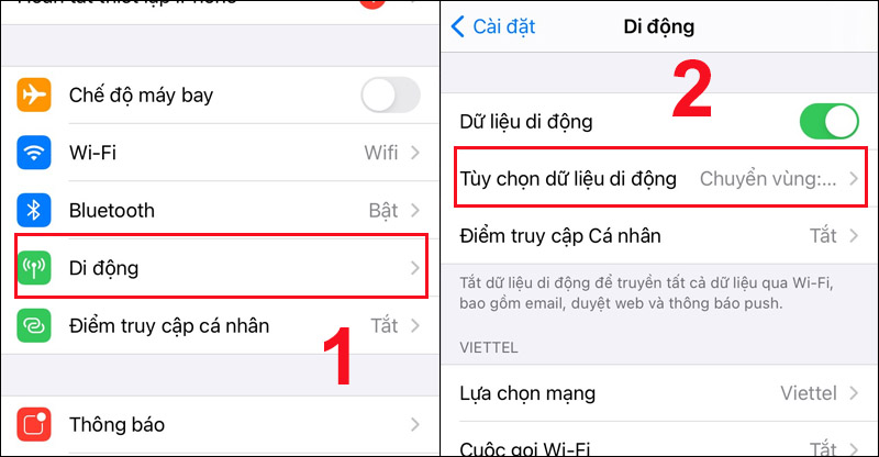 Chọn Tùy chọn dữ liệu di động