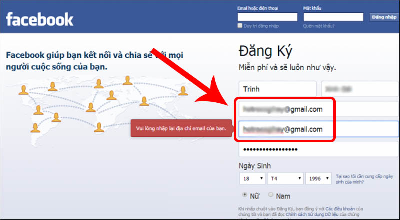 Đăng ký bằng tài khoản email đang còn sử dụng