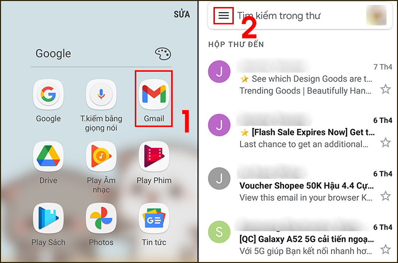 Chọn biểu tượng Menu để vào cài đặt Gmail