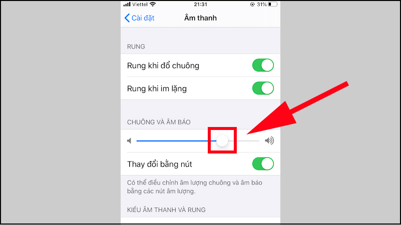 Di chuyển sang ngang thanh Chuông và Âm báo để điều chỉnh âm thanh