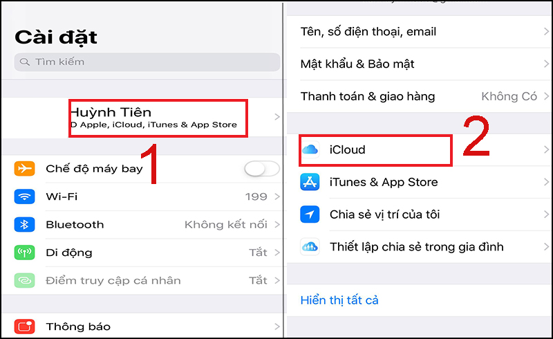 Vào mục ID Apple, chọn iCloud