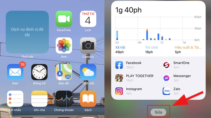 Trên màn hình Widgets, cuộn xuống phía dưới và chạm vào nút Sửa