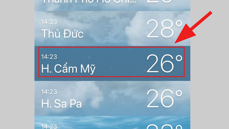Mở ứng dụng Thời tiết, chọn vị trí bạn đã thêm