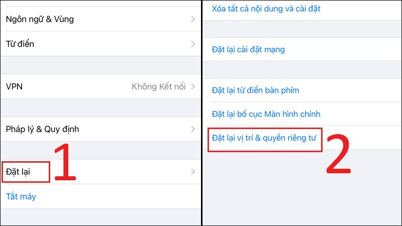 Chọn Đặt lại, chọn tiếp vào mục Đặt lại vị trí & quyền riêng tư