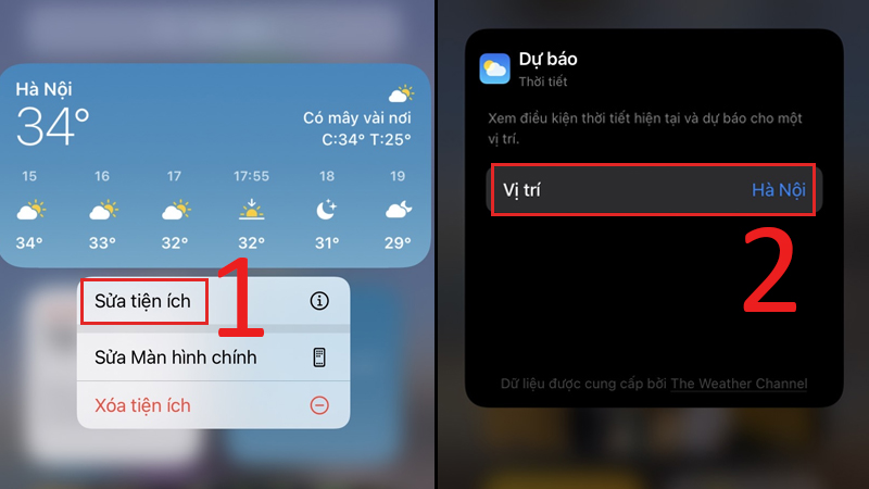 Từ màn hình chính, nhấn và giữ tiện ích thời tiết, nhấn vào Sửa tiện ích