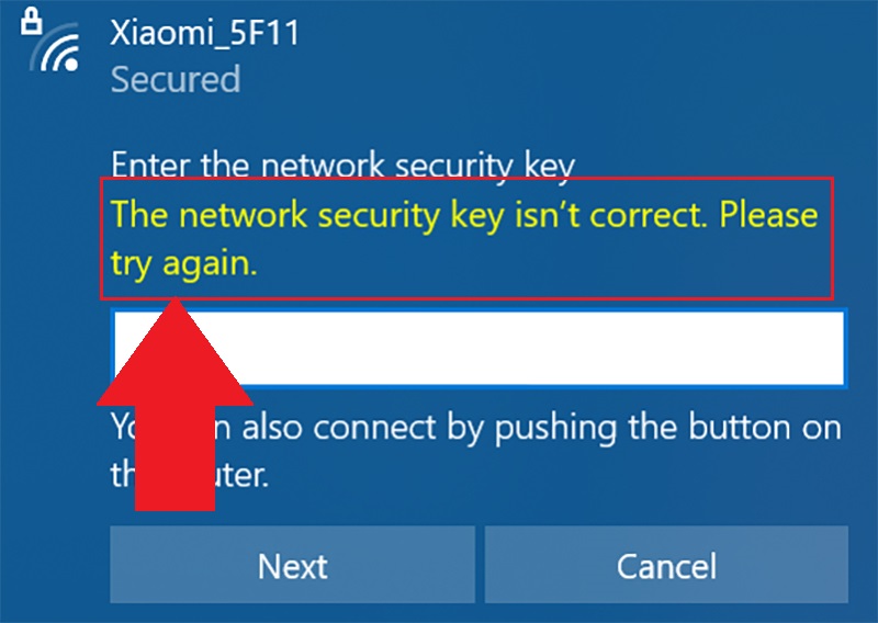 The network security key isn't correct. Please try again.