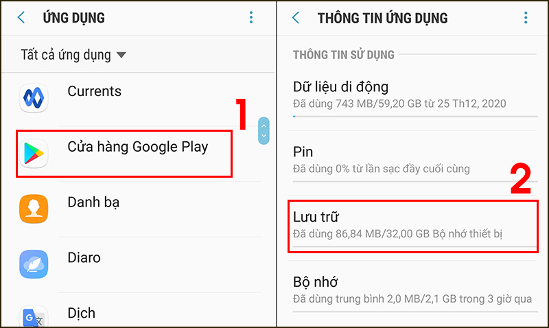 Tìm và chọn ứng dụng Cửa hàng Google Play > Chọn Lưu trữ