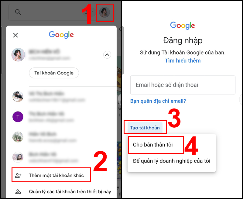  Chọn Thêm một tài khoản khác > Chọn Tạo tài khoản > Chọn Cho bản thân tôi