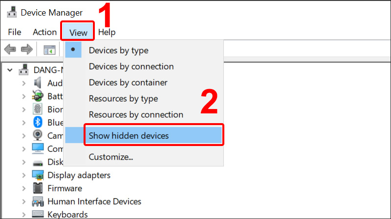 Nhấn vào View và chọn Show hidden devices