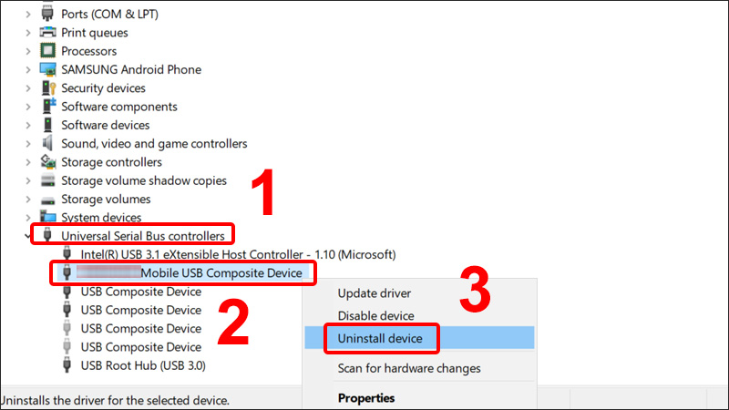 Mở rộng Universal Serial Bus controllers chọn thiết bị và nhấn Uninstall Device