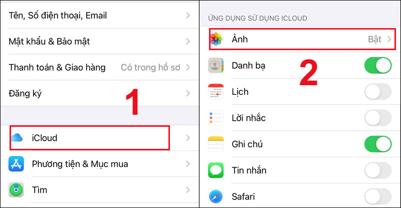 Nhấn chọn vào iCloud và chọn Ảnh.