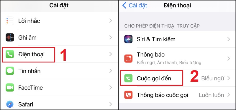 Mở cài đặt Cuộc gọi đến