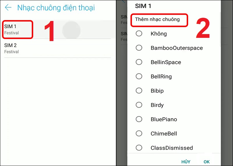 Chọn SIM bạn cần đổi nhạc chuông và chọn Thêm nhạc chuông