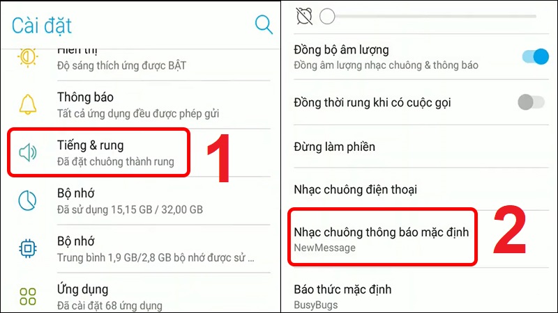 Chọn Tiếng & rung và chọn Nhạc chuông thông báo mặc định