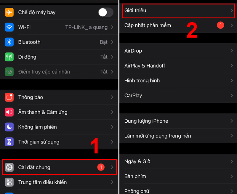 Bước 1: Bạn vào Cài đặt > Nhấn vào Cài đặt chung > Giới thiệu.  