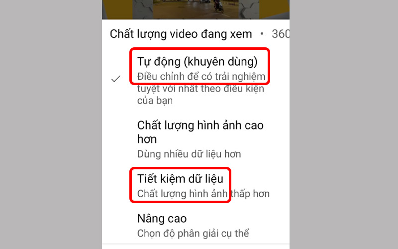 Chọn Tự động hoặc Tiết kiệm dữ liệu