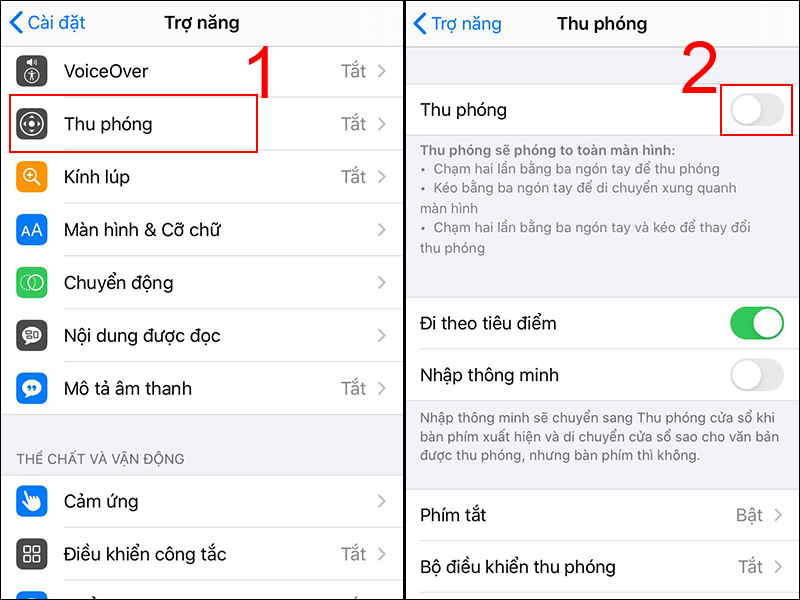 Chọn Thu phóng và bật chế độ Thu Phóng