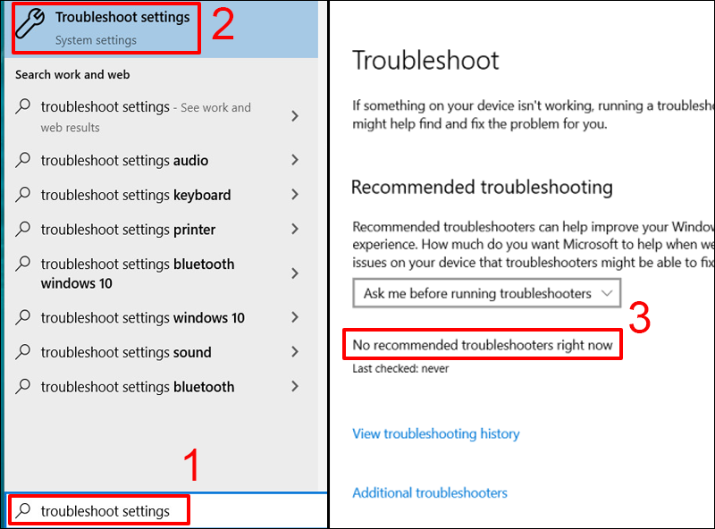 Dùng Troubleshoot settings sửa lỗi