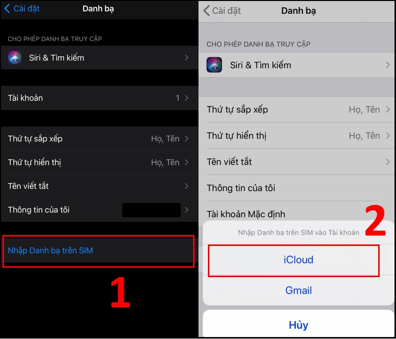 Chọn Nhập danh bạ trên SIM > Chọn iCloud