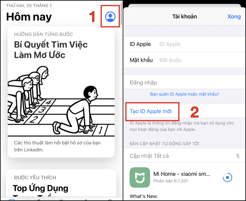 Nhấn tạo ID Apple mới