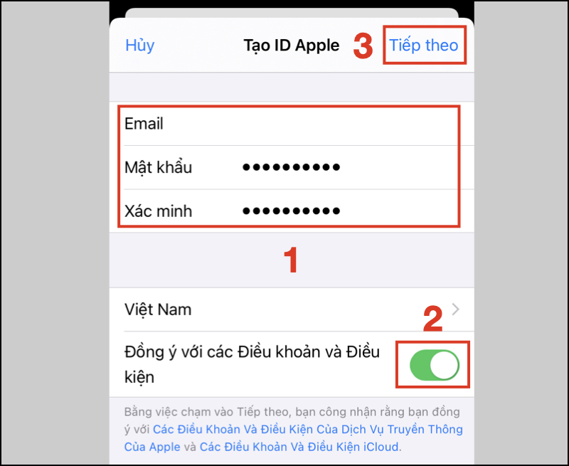 Nhập thông tin email và mật khẩu