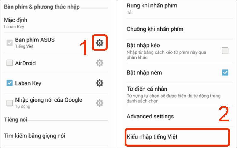 Chạm vào biểu tượng bánh răng rồi nhấn vào Kiểu nhập tiếng Việt