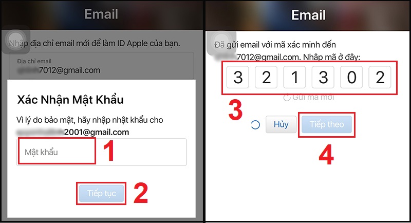 Nhập mật khẩu của tài khoản cũ và nhập mã xác minh được gửi vào Email mới