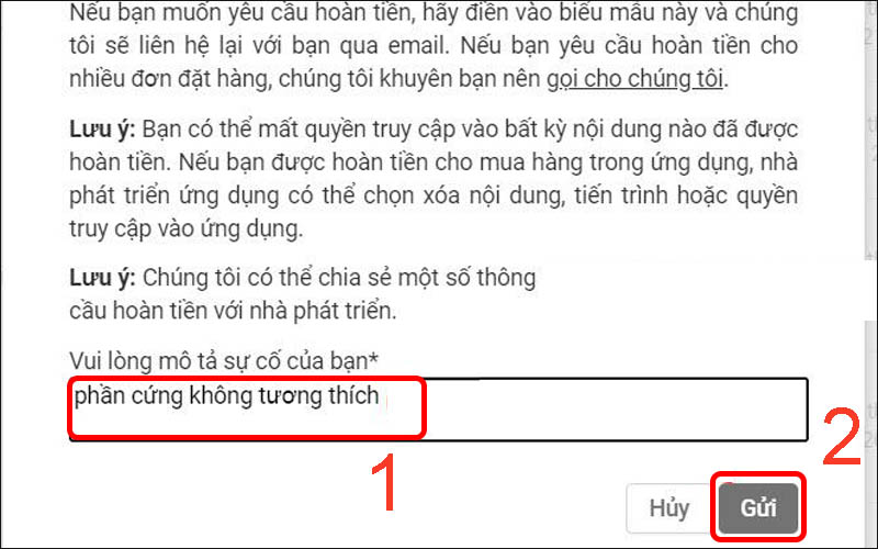 Nhập mô tả sự cố đang gặp phải và chờ hoàn tiền