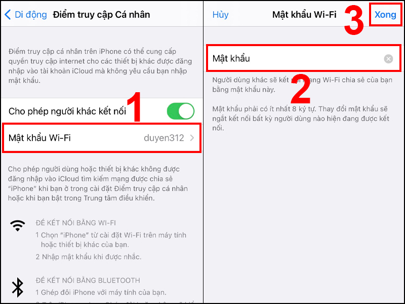 Bạn có thể đặt lại mật khẩu tại mục Mật khẩu Wi-Fi