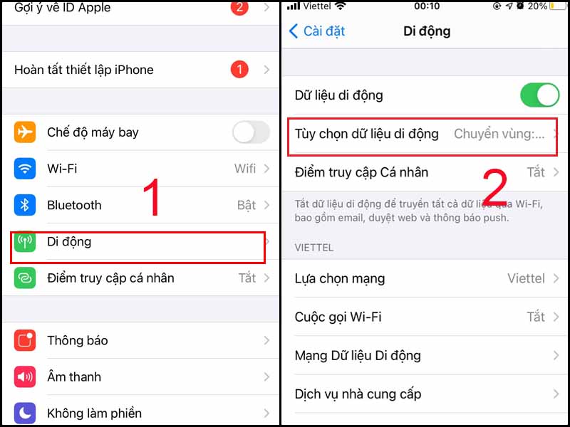 Chọn Di động và Tùy chọn dữ liệu di động